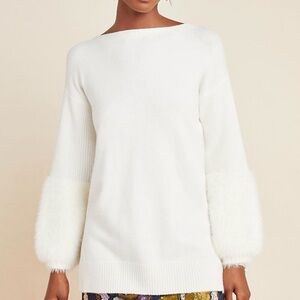 Anthropologie Colma Eyelash Sweater Fuzzy Cuffs Ivory White Size Small